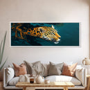 Leopard In Motion Framed Canvas Print - Abstract Jungle Painting, Teal And Orange Wildcat Art, Modern Safari Wall Decor, Bedroom Accent