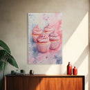 Pink frosted cupcake painting on framed canvas print, whimsical art, food review kitchen art, living room art, guest room decor