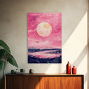 Moonlit Sky over Lake Framed Canvas Print, Pink Night Landscape Painting Coastal Wall Art, Minimalist Bedroom or Guest Room Decor