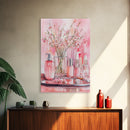 Pink wildflower botanical prints with glass bottles framed canvas print for bedroom or guest room rustic decor gift idea her wall art