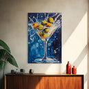 Splashing Olive Martini Canvas Print with Vibrant Cocktail Art, Perfect Bar Decor and Kitchen Wall Art Statement Piece