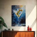 Elegant Olive Martini Framed Canvas Print with Vibrant Cocktail Art for Living Room or Kitchen, Rustic Home Decor