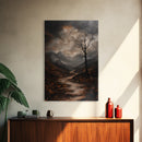 Mountain Painting Framed Canvas Print with Mystical Sunrise Over Autumn Forest Path, Rustic Landscape Art with Moody Coastal Vibes