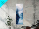 Foggy River, landscape painting, lake Tahoe art, blue and green wall art, pine tree art, zen wall art, Framed Canvas Print, bedroom art