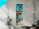 Rustic Gas Station, chicano art, guest check wall art, graffiti wall art, vintage folk art, Framed Canvas Print, tall skinny art