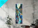 Abstract River, mosaic wall art, blue and green wall art, geometric wall art, whimsical art, framed canvas print, tall narrow art