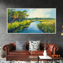Marshland View, palm tree painting, tropical landscape, coastal decor, green wall art, rustic wall art, Framed Canvas Print