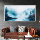 Misty Mountains, pine tree art, wabi sabi wall art, smoky mountain art, panoramic painting, nature painting, Framed Canvas Print