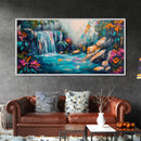 Vibrant Waterfall, Canvas Print, landscape painting, moody art, tropical art, teal wall art, extra wide art, rustic decor
