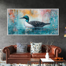 Loon Swimming Art, bird art, teal wall art, nature painting, lake decor, moody art, framed canvas print, rustic wall art
