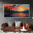 Sunset Lake, Mountain Painting, Framed Canvas Print, Pine Tree Art, Pink Orange Wall Art, Rustic Art, Landscape Painting