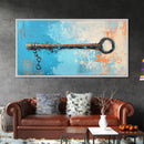 Rustic Key Painting, teal wall art, farmhouse art, coastal decor, framed canvas print, wabi sabi art, extra wide art, moody art
