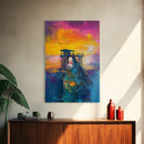 Sunset Pier Painting, Coastal Landscape Art, Vibrant Seascape, Nautical Wall Art, Bold Color Decor, Framed Canvas Print