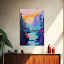 Vibrant Mountain Bridge, pink orange wall art, forest at dusk painting, landscape painting, above bed wall art, Canvas Print