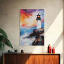 Lighthouse, Ocean, Sunset, Framed Canvas Print, coastal wall art, seascape painting, nautical painting, original painting, rustic decor