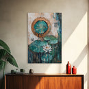 Lotus, Gold, Abstract, Framed Canvas Print, wabi sabi art, mosaic wall art, teal wall art, zen wall art, sacred geometry wall art