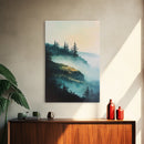 Foggy Mountains, mountain painting, smoky mountain art, pine tree art, forest at dusk painting, Framed Canvas Print, bedroom art