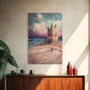 Fantasy Castle Framed Canvas Print Dreamy Coastal Art, Whimsical Beach Painting, Living Room Wall Decor, Pastel Ocean Landscape