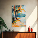 Lakeside Forest Art Framed Canvas Print Autumn Landscape Painting Serene Nature Wall Decor Warm Cozy Home Aesthetic Rustic Living Room