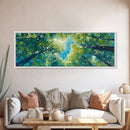 Sunlit Forest Framed Canvas Print Vibrant Nature Wall Art, Green Tree Canopy Painting, Bright Boho Decor, Botanical Living Room Art