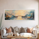 Misty Bridge Framed Canvas Print, Dreamy Lake Landscape Wall Art, Autumn Home Decor, Romantic Nature Painting, Serene Wall Artwork