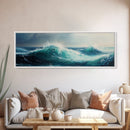 Stormy Sea Framed Canvas Print Dramatic Ocean Waves Painting, Moody Nautical Wall Art, Deep Blue Coastal Decor, Living Room Art