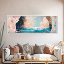 Serene Ocean Cliffs Framed Canvas Print Soft Pastel Coastal Art, Minimalist Seascape Painting, Tranquil Beach Decor, Modern Home Art