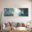 Blue Forest Path Framed Canvas Print Landscape Painting, Nature Inspired Wall Art, Rustic Home Decor, Modern Artwork