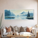 Foggy Mountain Lake Framed Canvas Print Tranquil Nature Wall Art, Misty Forest Landscape, Cool Blue Artwork, Cabin or Office Decor