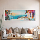 Mediterranean Patio Framed Canvas Print, Coastal Landscape Wall Art, Romantic Seaside Painting, Dining Room Decor, Boho Art