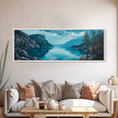 Tranquil Lake Landscape Wall Art, Blue Nature Painting, Rustic Lodge Decor, Large Wide Artwork, Living Room Wall Art