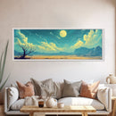 Moonlit Desert Nightscape, Mystical Blue and Gold Landscape Art, Dreamy Celestial Wall Decor, Surreal Nature Painting
