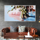 Serenity Reflections, Nature, Framed Canvas Print, Tranquil lake scene, soft pastels, modern landscape, minimalist decor, bedroom wall art