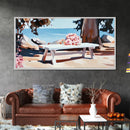 Beach Picnic, Seaside Dining, Summer Wall Art, Framed Canvas Print, Coastal Decor, Relaxing Atmosphere, Kitchen Art, Nautical Aesthetic