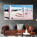 White Fence, Coastal Landscape, Pastel Beach Art, Framed Canvas Print, Minimalist Wall Decor, Ocean View Painting, Summer Art