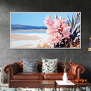 Desert Bloom, Southwest Landscape, Cactus and Flowers, Warm Toned Artwork, Boho Living Room Art, Pink and Blue Painting, Canvas Print