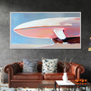 Surfboard Still Life, Minimalist Art, Framed Canvas Print, Ocean Decor, Beach House Wall Art, Soft Pastel Painting, Coastal Vibes