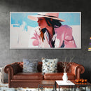 Woman, Sun Hat, Beach, Framed Canvas Print, Fashion Art, Minimalist Style, Boho Home Decor, Coastal Chic, Pastel Summer Painting
