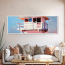 Lifeguard Tower, Ocean, Coastal, Framed Canvas Print, Beach House Decor, Nautical Wall Art, Minimalist Aesthetic, Blue and White Tones