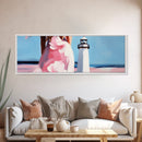 Lighthouse, Coastal, Dreamy, Framed Canvas Print, Nautical Wall Art, Summer Vibes, Living Room Art, Pastel Home Decor, Minimalist Style