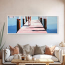 Walking on Dock, Waterfront Scene, Coastal Style, Framed Canvas Print, Minimalist Wall Art, Nautical Decor, Light and Airy Art