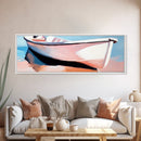 Rowboat on Shore, Nautical Scene, Pastel Coastal Art, Minimalist Ocean Print, Beach House Decor, Serene Wall Art, Canvas Print