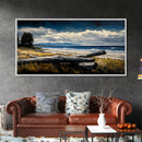 Seaside View, Dramatic Sky, Coastal Landscape, Nature Painting, Deep Blue Tones, Framed Canvas Print, Beach House Decor, Living Room Art