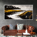 Golden Marsh, Ocean Landscape, Black and White Contrast, Nature Inspired, Minimalist Art, Framed Canvas Print, Bedroom Wall Decor
