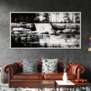 Waterfall Landscape, Black and White Nature Art, Forest Wall Decor, Rustic Art, Minimalist Landscape, Cabin Artwork, Framed Canvas Print