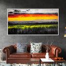Sunset Meadow, Vibrant Sky Over Rolling Hills, Nature Landscape Painting, Bold Color Art, Canvas Print, Farmhouse Decor, Dining Room Art