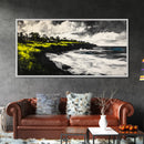 Cliffside Ocean View Landscape, Black and White Seascape, Nautical Wall Decor, Living Room Art, Beach House Scene, Framed Canvas Print