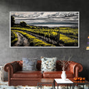 Vineyard View, Rolling Hills, Country Art, Framed Canvas Print, Rustic Landscape, Black White Yellow, Living Room Wall Art, Large Canvas