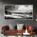 Winter Landscape, Black White, Scenic Country Road, Framed Canvas Print, Serene Nature Art, Rustic Wall Decor, Bedroom Artwork