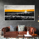 Sunrise Over Fields, Golden Light, Black and White Contrast, Tranquil Scene, Minimalist Wall Art, Warm Tones, Framed Canvas Print